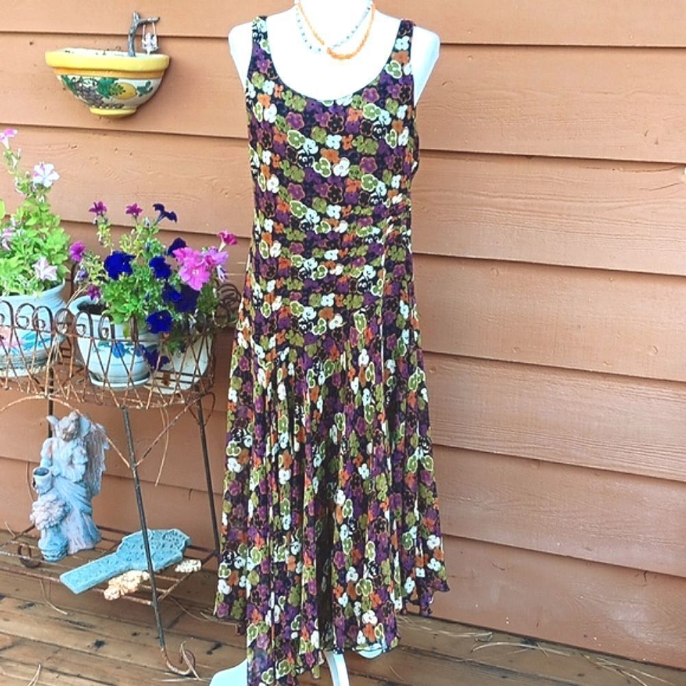 Jones New York Handkerchief Hem Silk Dress. 1990s, Silk,  Dark Floral